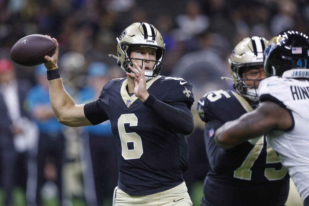 New Orleans Saints quarterback Tyler Shough (6) throws a pass against the Jacksonville Jaguars in the first half of an NFL preseason football game in New Orleans, Sunday, Aug. 17, 2025. (AP Photo/Butch Dill)