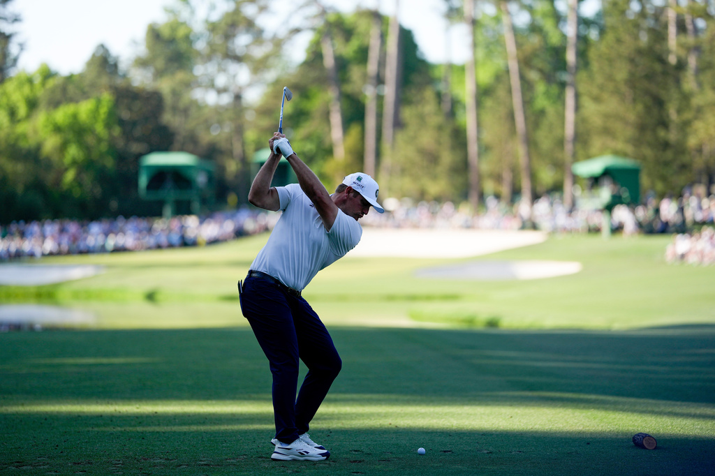 Bryson DeChambeau hits his tee shot on the 16th hole during the second round of the Masters golf tournament at the Augusta National Golf Club, Friday, April 10, 2026, in Augusta, Ga. (AP Photo/David J. Phillip)