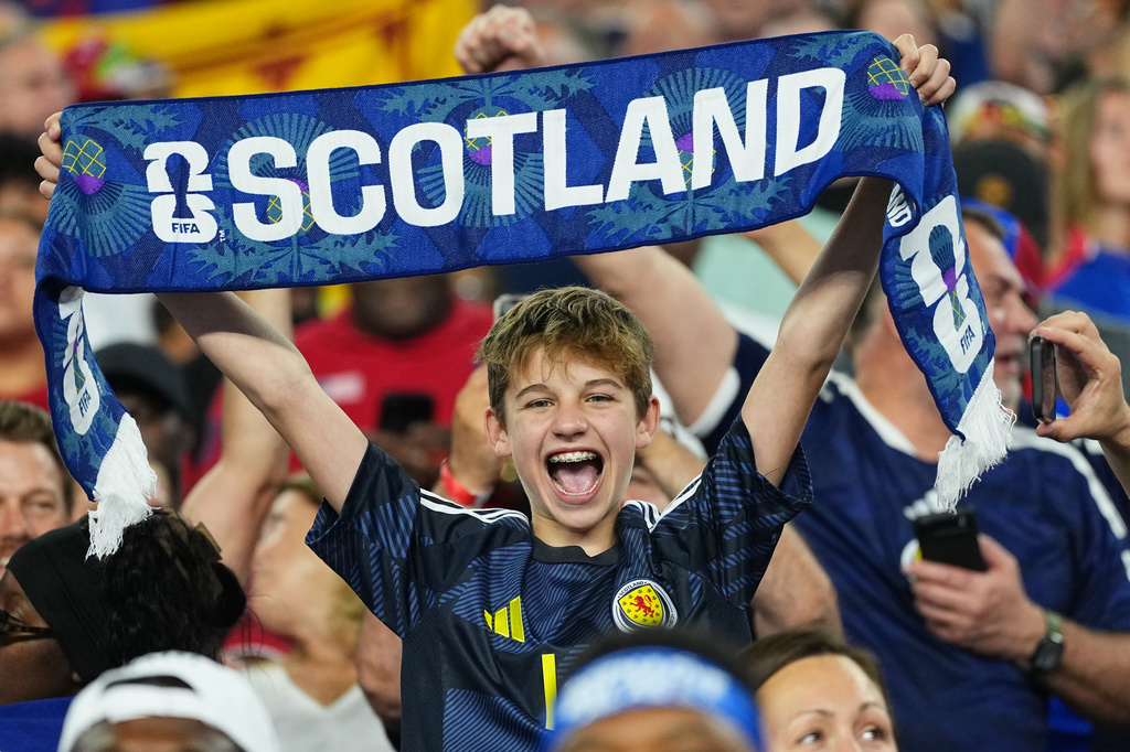 A Scotland fan reacts during the World Cup Group C soccer match between Haiti and Scotland in Foxborough, Mass., near Boston, Saturday, June 13, 2026. (AP Photo/Martin Meissner)