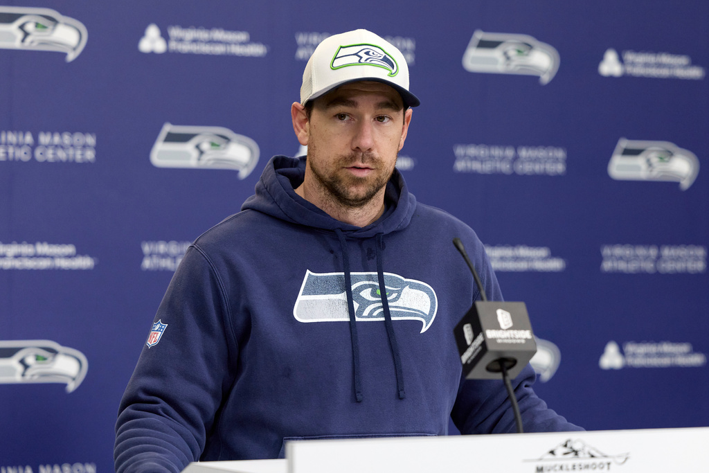 Seattle Seahawks offensive coordinator Klint Kubiak speaks during news conference at the team's facilities, Thursday, Jan. 22, 2026, in Seattle. (AP Photo/John Froschauer)