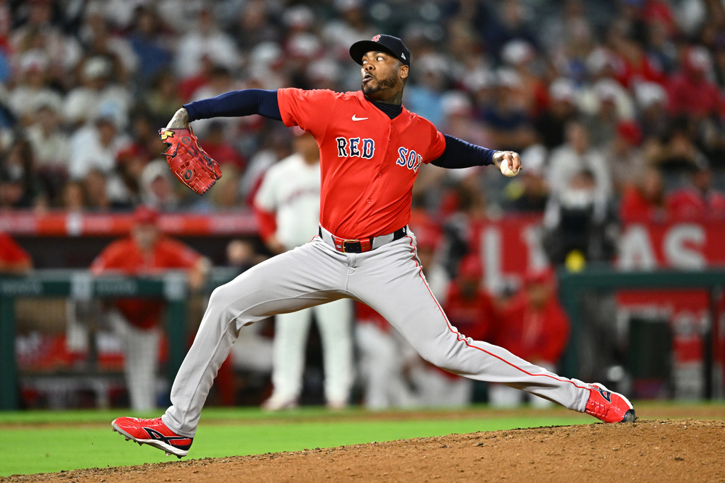 Boston Red Sox pitcher Aroldis Chapman delivers during the ninth inning of a baseball game against the Los Angeles Angels, Friday, July 3, 2026, in Anaheim, Calif. (AP Photo/William Liang)