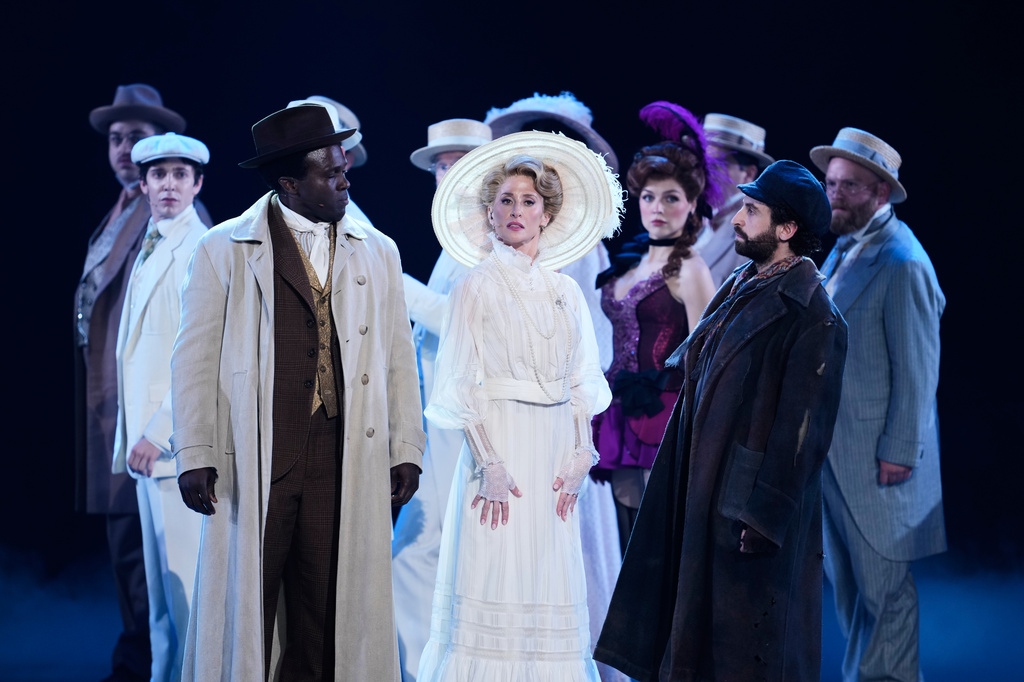 Joshua Henry, from left, Caissie Levy, Brandon Uranowitz and the cast of "Ragtime" perform during the 79th Tony Awards on Sunday, June 7, 2026, at Radio City Music Hall in New York. (Photo by Charles Sykes/Invision/AP)
