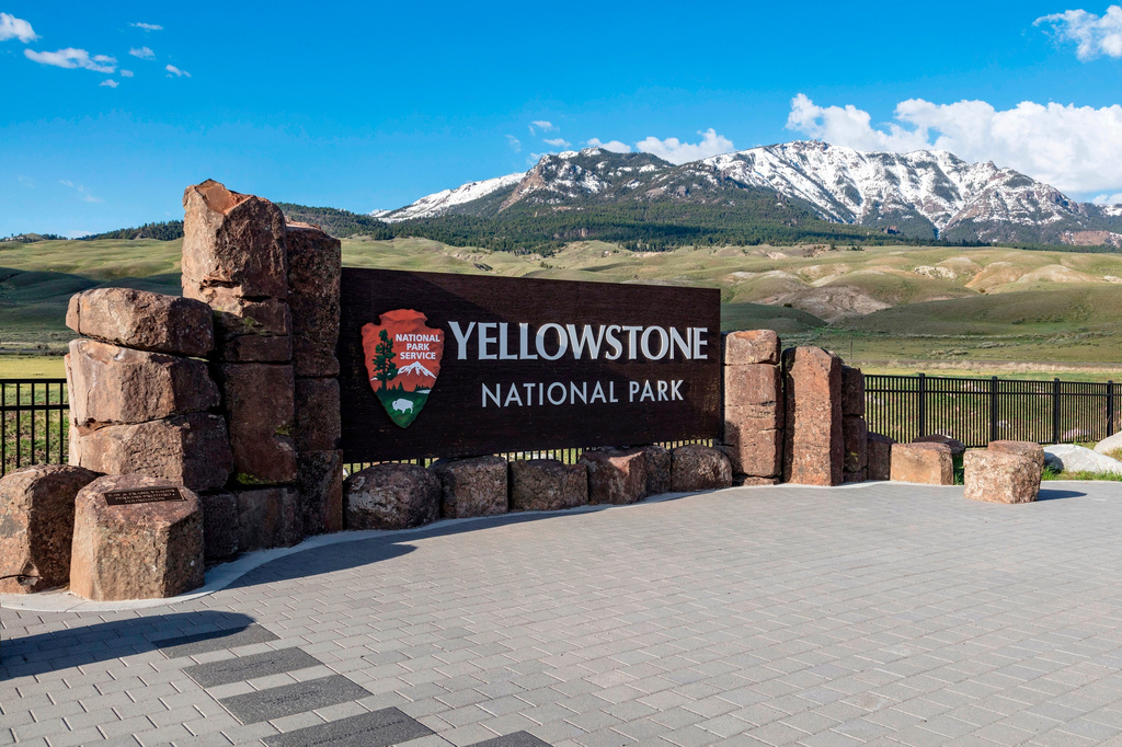 FILE - This photo provided by the National Park Service shows a sign marking the north entrance of Yellowstone National Park on May 7, 2018. (Jacob W. Frank/National Park Service via AP, File)