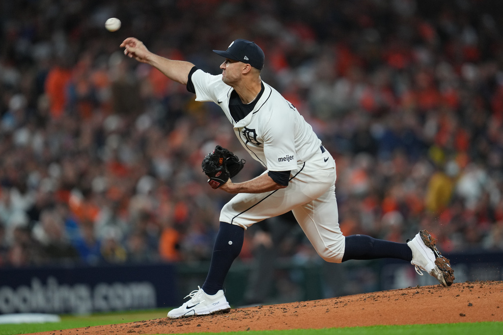 Detroit Tigers starting pitcher Jack Flaherty throws during the second inning in Game 3 of baseball's American League Division Series against the Seattle Mariners Tuesday, Oct. 7, 2025, in Detroit. (AP Photo/Paul Sancya)