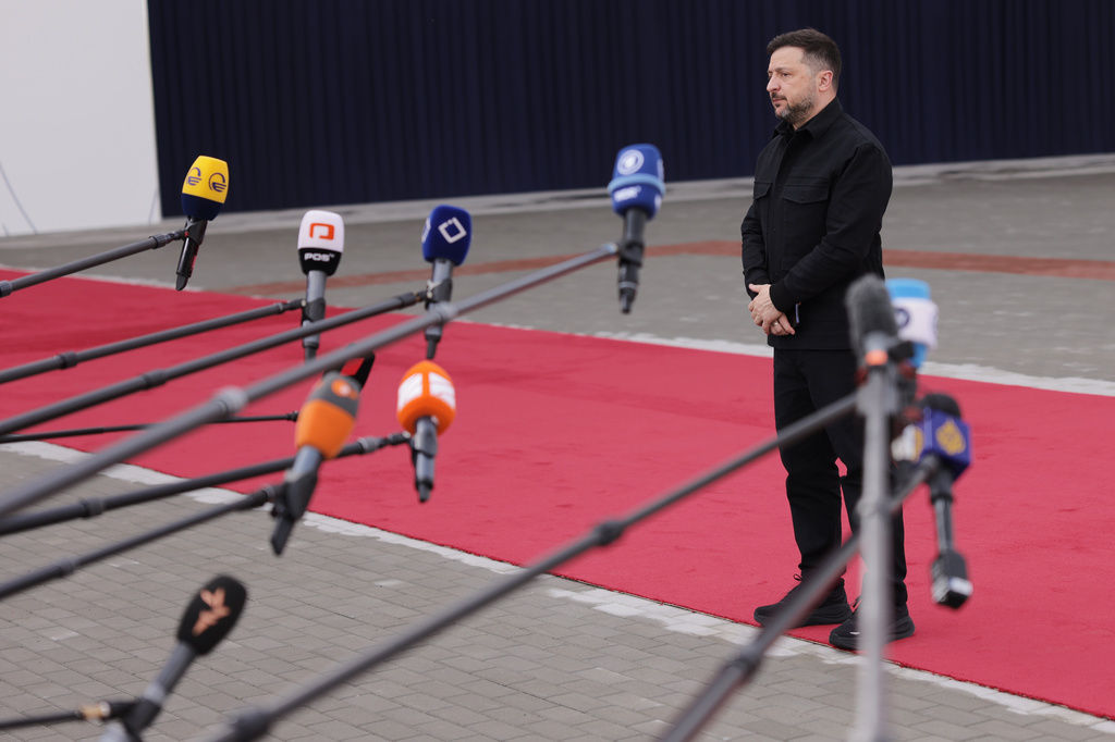 Ukraine's President Volodymyr Zelenskyy speaks with the media as he arrives for a meeting of the European Political Community in Yerevan, Armenia, Monday, May 4, 2026. (AP Photo/Anthony Pizzoferrato)