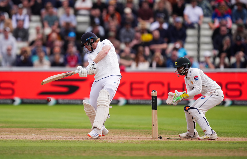England's Jordan Cox plays a shot on day four of the third cricket Test at Edgbaston, in Birmingham, England, Saturday, Sept. 12, 2026. (Mike Egerton/PA via AP)