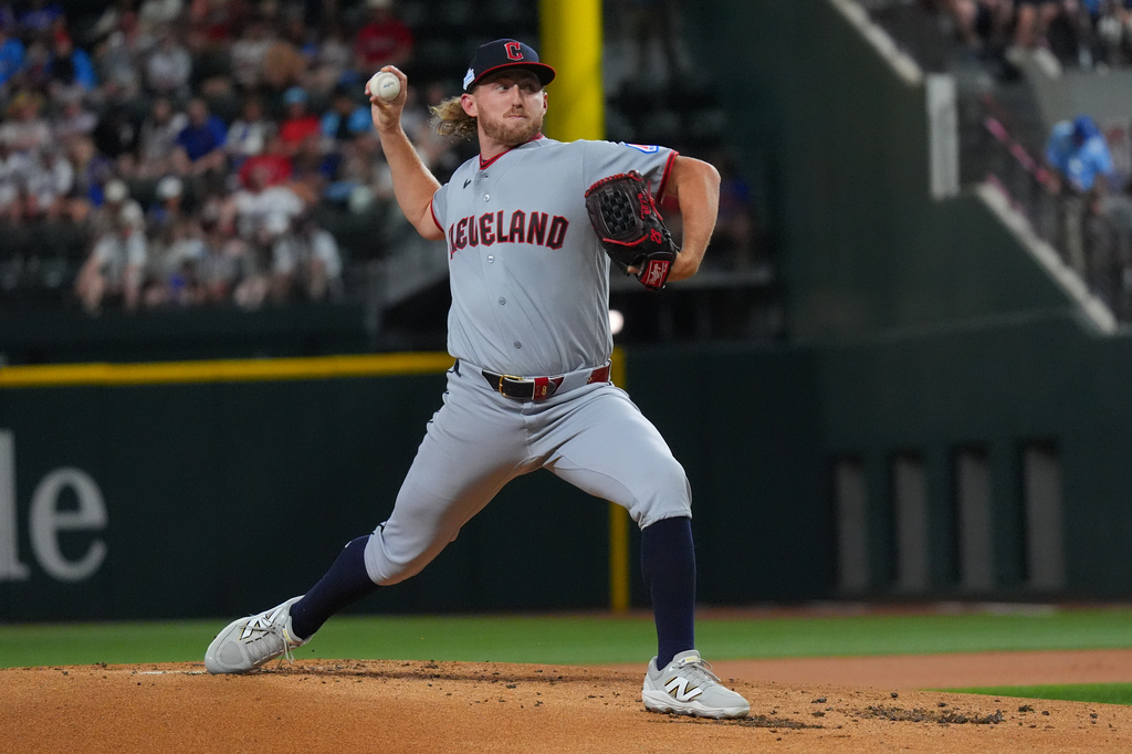 Cleveland Guardians starting pitcher Tanner Bibee throws during the first inning of a baseball game against the Texas Rangers, Saturday, June 6, 2026, in Arlington, Texas. (AP Photo/LM Otero)