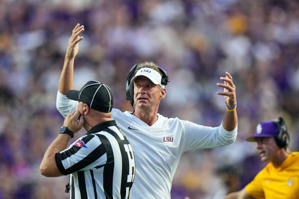 LSU head coach Lane Kiffin reacts to a call in the first half of an NCAA college football game against Louisiana Tech, Saturday, Sept. 12, 2026 in Baton Rouge, La. (AP Photo/Gerald Herbert)