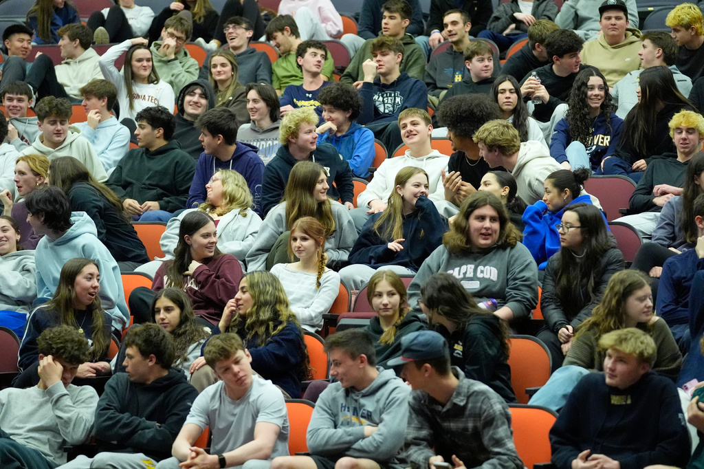 Students discuss ways to prevent school shootings during a presentation of Sandy Hook Promise's "Say Something" program at Hanover High School, Wednesday, March 25, 2026, in Hanover, Mass. (AP Photo/Robert F. Bukaty)