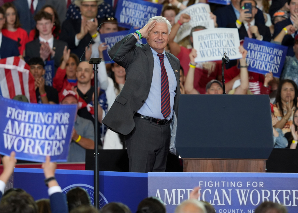 Nassau County Executive Bruce Blakeman salutes before President Donald Trump speaks during a Fighting For American Workers event, Friday, May 22, 2026, in Suffern, N.Y. (AP Photo/Ryan Murphy)