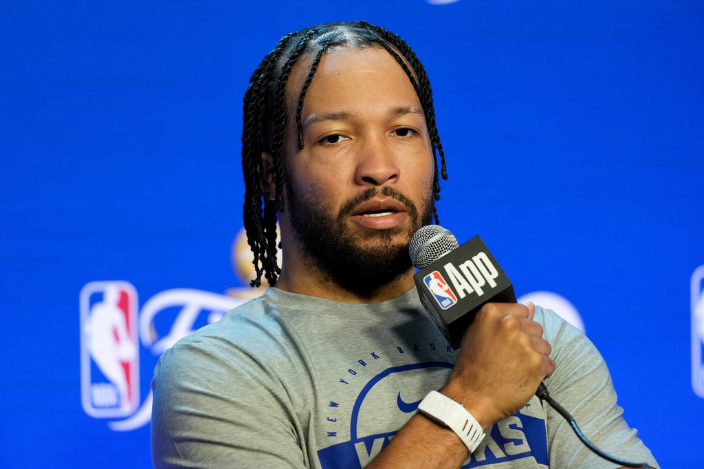 New York Knicks guard Jalen Brunson speaks with the media prior to the start of the NBA Finals basketball series against the San Antonio Spurs, Tuesday, June 2, 2026, in San Antonio. (AP Photo/Eric Gay)