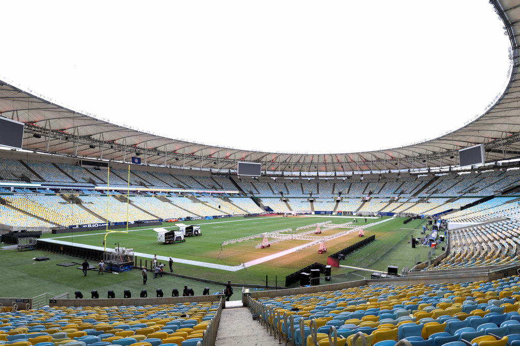 A general view of the interior of the Maracana stadium as workers prepare it for Sunday's NFL game between the Dallas Cowboys and the Baltimore Ravens in Rio de Janeiro, Brazil, Thursday, Sept. 24, 2026. (AP Photo/Gregory Payan)