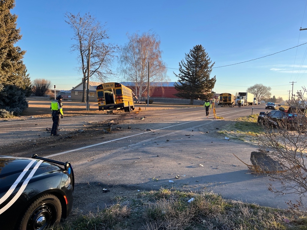 In this photo released by the Idaho State Police, a school bus sits damaged after colliding with another school bus, Monday, Dec. 125, 2025, in Paul, Idaho. (Idaho State Police via AP)