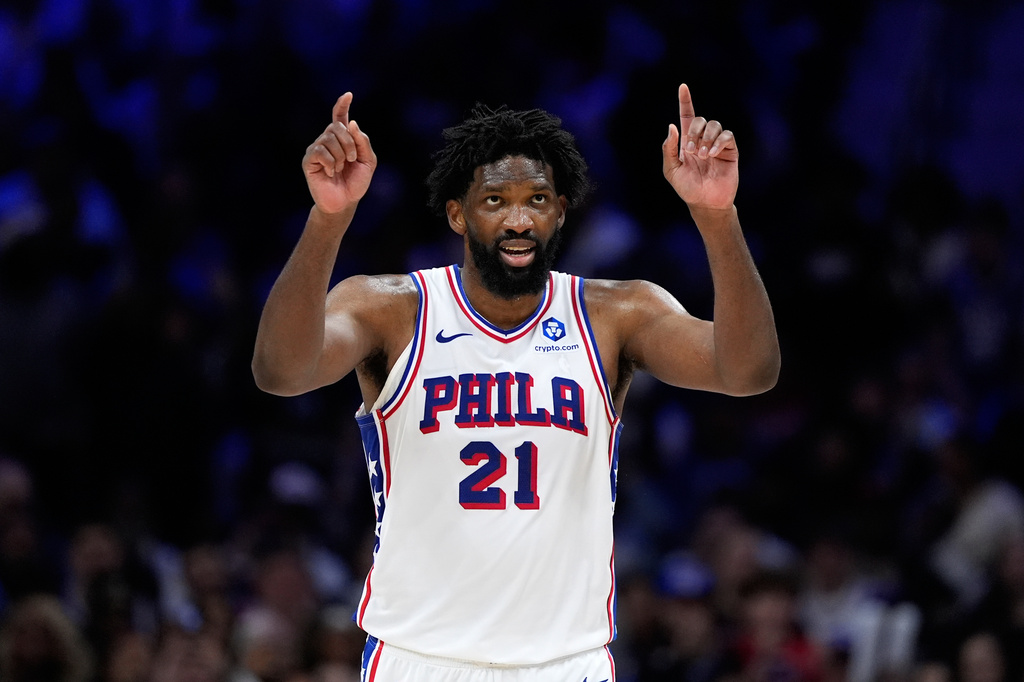 Philadelphia 76ers' Joel Embiid reacts during the second half of Game 6 in a first-round NBA basketball playoff series against the Boston Celtics Thursday, April 30, 2026, in Philadelphia. (AP Photo/Matt Slocum)