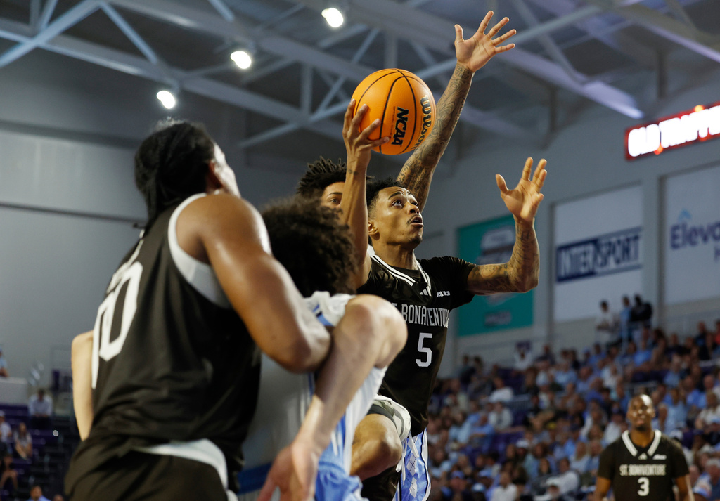 St. Bonaventure guard Dasonte Bowen (5) shoots the ball against North Carolina during the second half of an NCAA college basketball game, Tuesday, Nov. 25, 2025 in Ft. Myers, Fla. (AP Photo/Scott Audette)