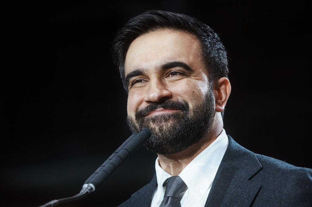 New York City Mayor Zohran Mamdani smiles during an address marking his first 100 days in office at the Knockdown Center, Sunday, April 12, 2026, in New York. (AP Photo/Andres Kudacki)