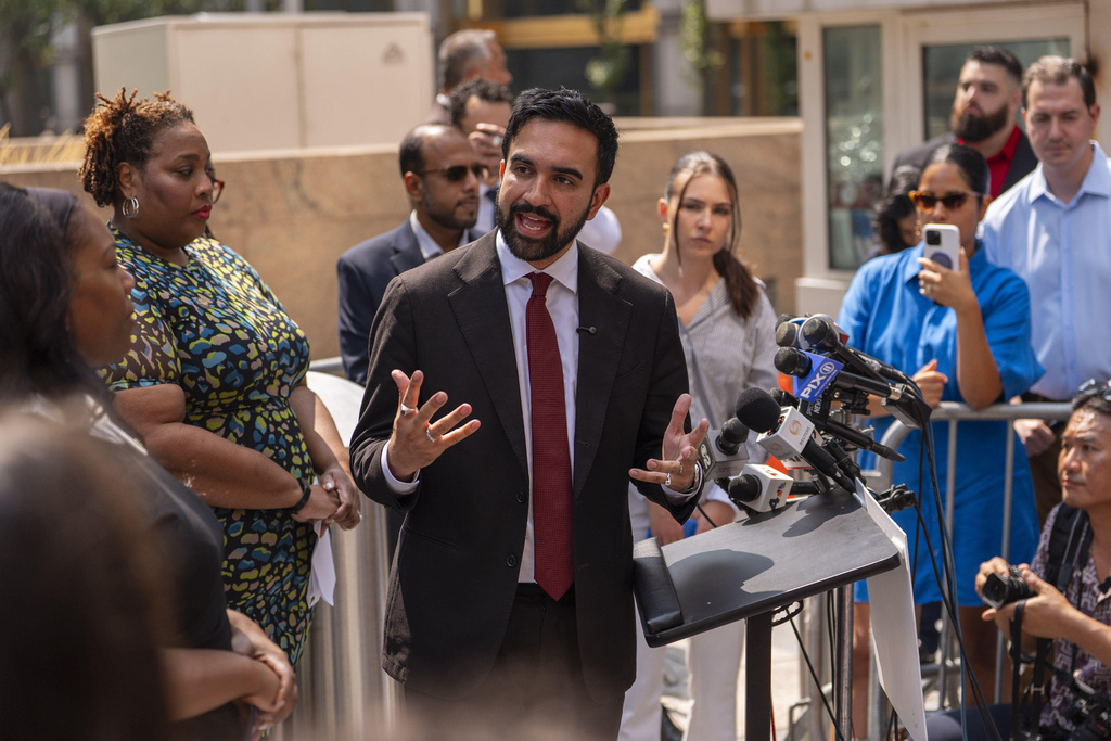 FILE - New York City Democratic mayoral candidate Zohran Mamdani speaks during a press conference outside the Jacob K. Javits federal building, Aug. 7, 2025, in New York. (AP Photo/Yuki Iwamura, File)