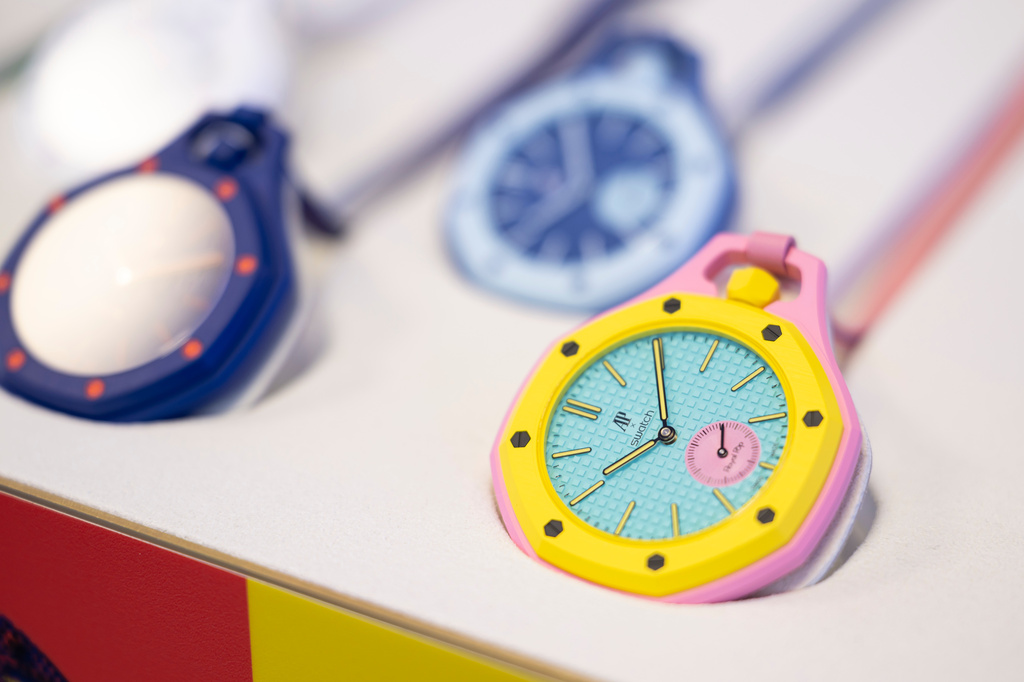The new Royal Pop watches by Swatch and Audemars Piguet, at the Swatch Drive-Thru Store next to Swatch headquarters in Biel/Bienne, Switzerland, Saturday, May 16, 2026. (Anthony Anex/Keystone via AP)
