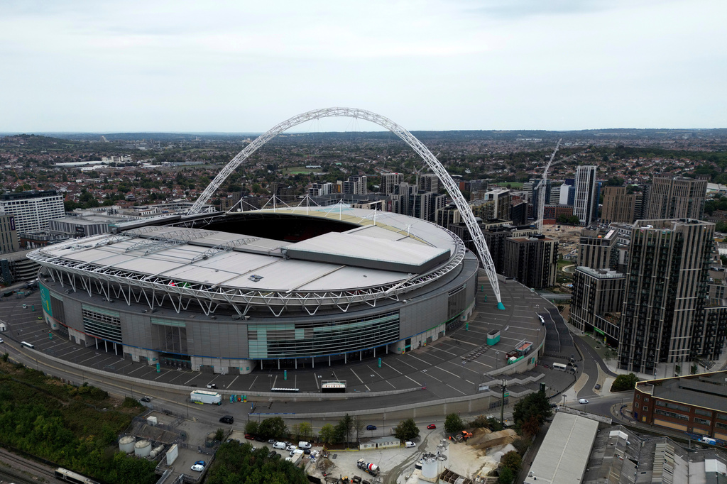 FILE - An aerial view of Wembley stadium in London on Sept. 1, 2022. (AP Photo/Frank Augstein, File)