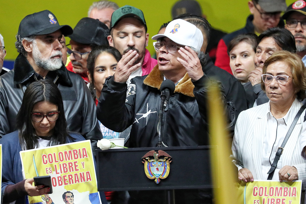 Colombian President Gustavo Petro addresses supporters in a rally he called to protest comments by U.S. President Donald Trump, in Bogota, Colombia, Wednesday, Jan. 7, 2026. (AP Photo/Santiago Saldarriaga)