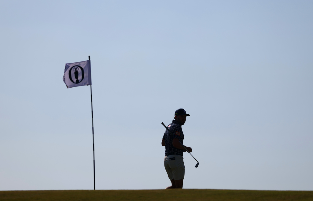 Ireland's David Howard lines on the 16th green during a practice round at the British Open Golf Championship at Royal Birkdale, Southport, England, Monday, July 13, 2026. (AP Photo/Peter Morrison)