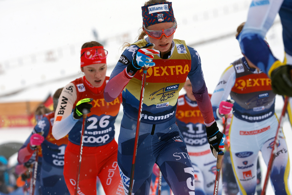 FILE - United States' Jessie Diggins competes during World Cup Tour de Ski mass start 15 km a cross-country ski race in Val di Femme, Italy, Jan. 6, 2024. (AP Photo/Alessandro Trovati, File)