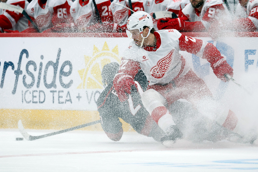 Detroit Red Wings' Mason Appleton, right, collides with Carolina Hurricanes' Nikolaj Ehlers during the first period of an NHL hockey game in Raleigh, N.C., Saturday, Dec. 27, 2025. (AP Photo/Karl DeBlaker)