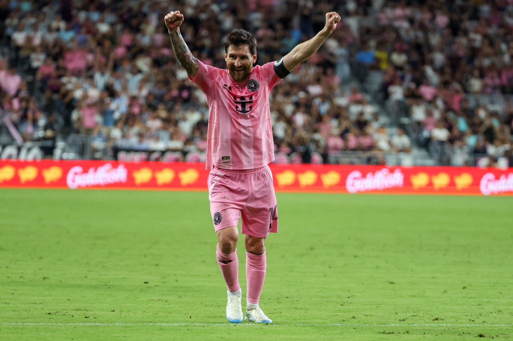 Inter Miami forward Lionel Messi celebrates after scoring on a free kick during the first half of an MLS soccer game against San Diego FC, Sunday, Sept. 20, 2026, in Miami. (AP Photo/David Santiago)