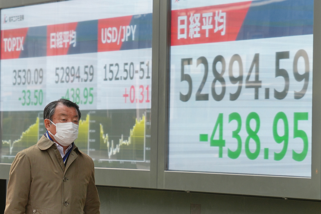 A person walks in front of an electronic stock board showing Japan's Nikkei index at a securities firm Wednesday, Jan. 28, 2026, in Tokyo. (AP Photo/Eugene Hoshiko)