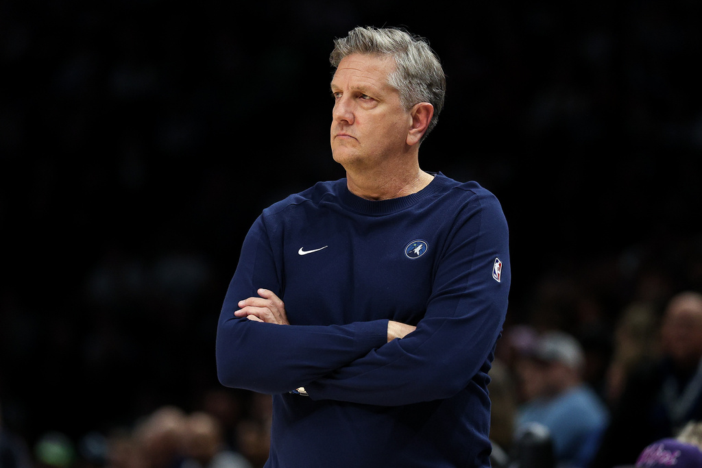 Minnesota Timberwolves head coach Chris Finch looks on during the first half of an NBA basketball game against the Cleveland Cavaliers, Thursday, Jan. 8, 2026, in Minneapolis. (AP Photo/Matt Krohn)