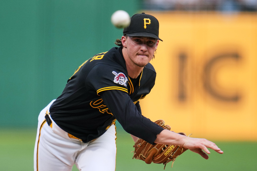 Pittsburgh Pirates pitcher Bubba Chandler delivers during the first inning of a baseball game against the New York Mets in Pittsburgh, Saturday, Aug. 8, 2026. (AP Photo/Gene J. Puskar)