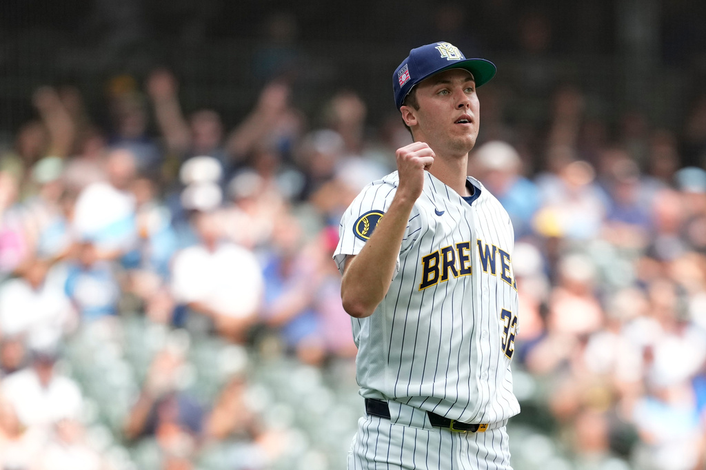 Milwaukee Brewers' Jacob Misiorowski reacts after striking out Colorado Rockies' Hunter Goodman during the third inning of a baseball game Sunday, July 26, 2026, in Milwaukee. (AP Photo/Aaron Gash)