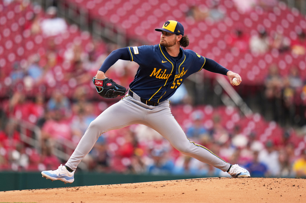 Milwaukee Brewers starting pitcher Shane Drohan throws during the first inning of a baseball game against the St. Louis Cardinals Monday, July 6, 2026, in St. Louis. (AP Photo/Jeff Roberson)