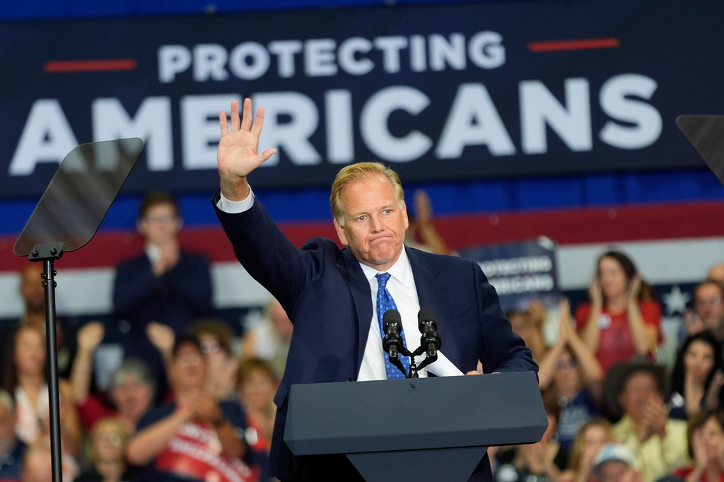 Republican Senate candidate Mike Rogers speaks at Universal Contracting and Urban Tree Trimming, Monday, Aug. 31, 2026, in Sterling Heights, Mich. (AP Photo/Paul Sancya)