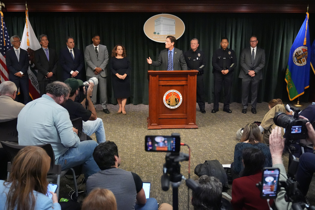 Los Angeles District Attorney Nathan Hochman announces developments about the murder case of Rob Reiner and his wife Michele Tuesday, Dec. 16, 2025, in Los Angeles. (AP Photo/Damian Dovarganes)