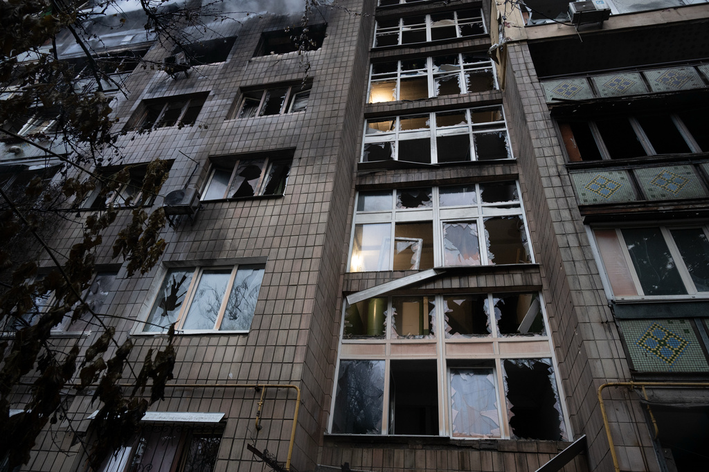 A damaged residential building is seen following an overnight Russian attack in Kyiv, Ukraine, Monday, June 15, 2026. (AP Photo/Danylo Antoniuk)