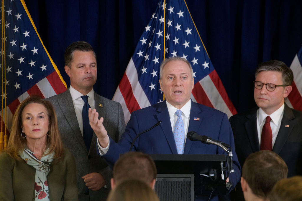 House Majority Leader Steve Scalise, R-La., second from right, is joined by from left: House Republican Conference Chairwoman Lisa McClain, R-Mich., Rep. Zachary Nunn, R-Iowa, and Speaker of the House Mike Johnson, R-La., during a news conference at the Republican National Committee on Capitol Hill, Tuesday, Dec. 2, 2025, in Washington. (AP Photo/Rod Lamkey, Jr.)