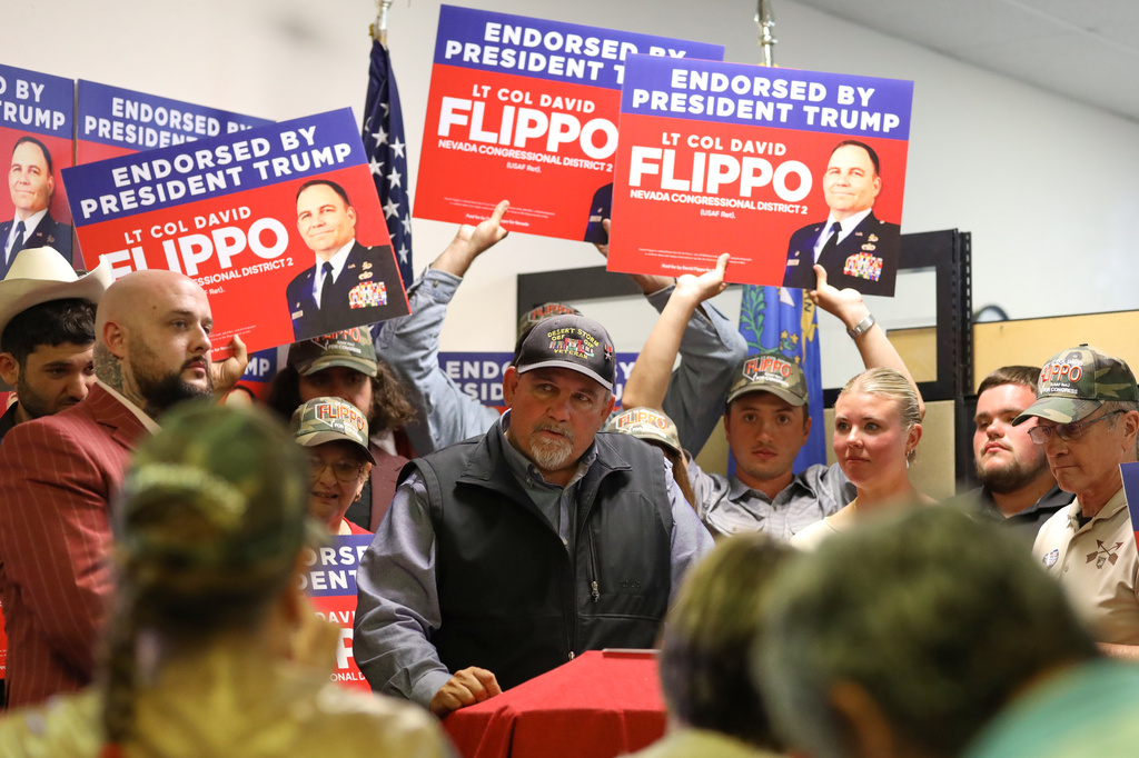 David Flippo, a Republican candidate for Congress in Nevada's 2nd district, speaks during a primary election night watch party Tuesday, June 9, 2026, in Reno, Nev. (AP Photo/William Hale Irwin)