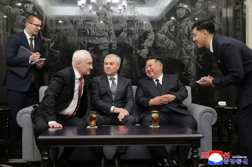 In this photo provided by the North Korean government, from second right to left, its leader Kim Jong Un, Russian parliament speaker Vyacheslav Volodin and Russian Defense Minister Andrei Beloussov share a light moment as they attend an inaugural ceremony of a memorial museum in Pyongyang, North Korea Sunday, April 26, 2026. Independent journalists were not given access to cover the event depicted in this image distributed by the North Korean government. The content of this image is as provided and cannot be independently verified. Korean language watermark on image as provided by source reads: "KCNA" which is the abbreviation for Korean Central News Agency. (Korean Central News Agency/Korea News Service via AP)