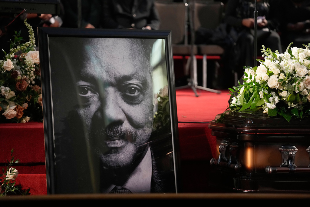 A photo of Jesse Jackson is seen during the Homegoing Celebration of Life, Saturday, March 7, 2026, at Rainbow PUSH Coalition headquarters in Chicago. (AP Photo/Erin Hooley)