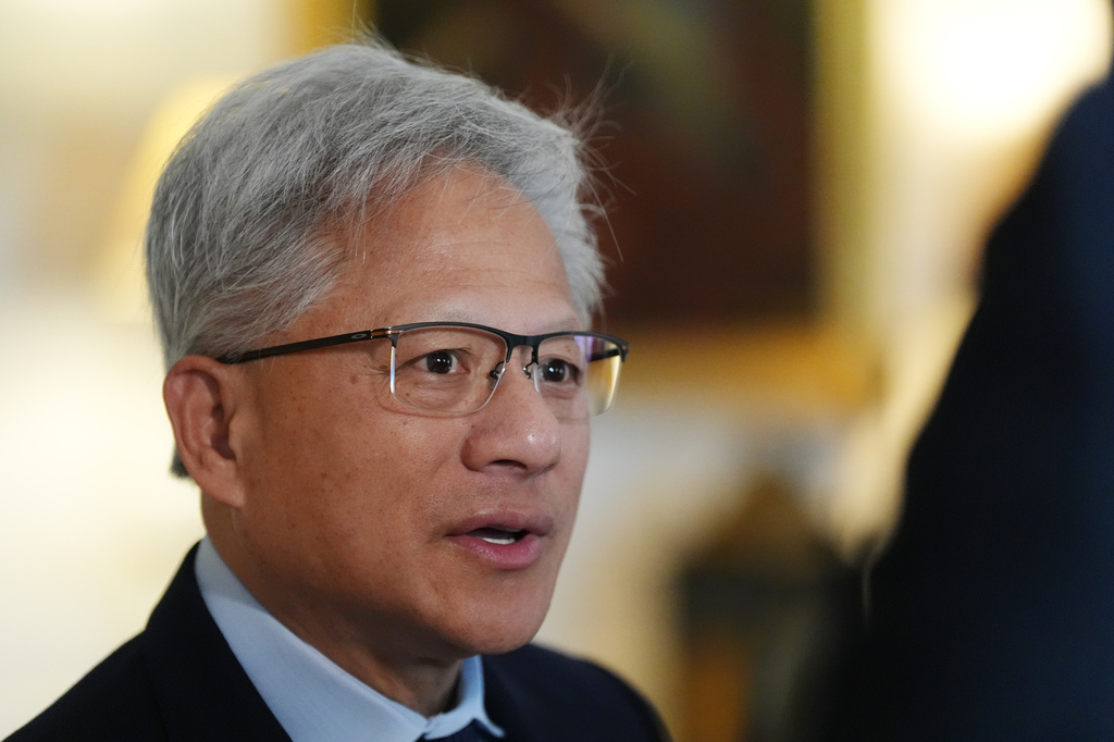 Nvidia chief executive Jensen Huang records a pool interview ahead of a meeting hosted by King Charles III for leaders from the AI sector, Government, and thought leaders to discuss how AI can be developed and deployed in ways that benefit society, at Dumfries House in Cumnock, Scotland, Thursday Sept. 17, 2026. (Jonathan Brady/PA via AP, Pool)
