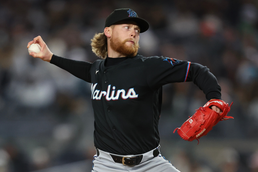 Miami Marlins pitcher Max Meyer throws during the second inning of a baseball game against the New York Yankees, Saturday, April 4, 2026, in New York. (AP Photo/Heather Khalifa)