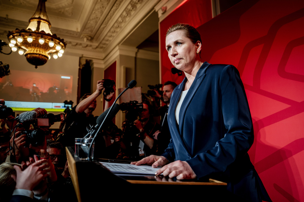 Denmark's Prime Minister and chairperson of the Social Democrats, Mette Frederiksen, speaks during the election celebration in the Common Hall at Christiansborg, in Copenhagen, early Wednesday, March 25, 2026. (Mads Claus Rasmussen/Ritzau Scanpix via AP)