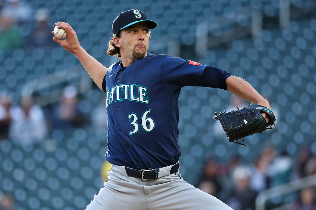 Seattle Mariners starting pitcher Logan Gilbert delivers against the Minnesota Twins during the first inning of a baseball game, Tuesday, April 28, 2026, in Minneapolis. (AP Photo/Matt Krohn)