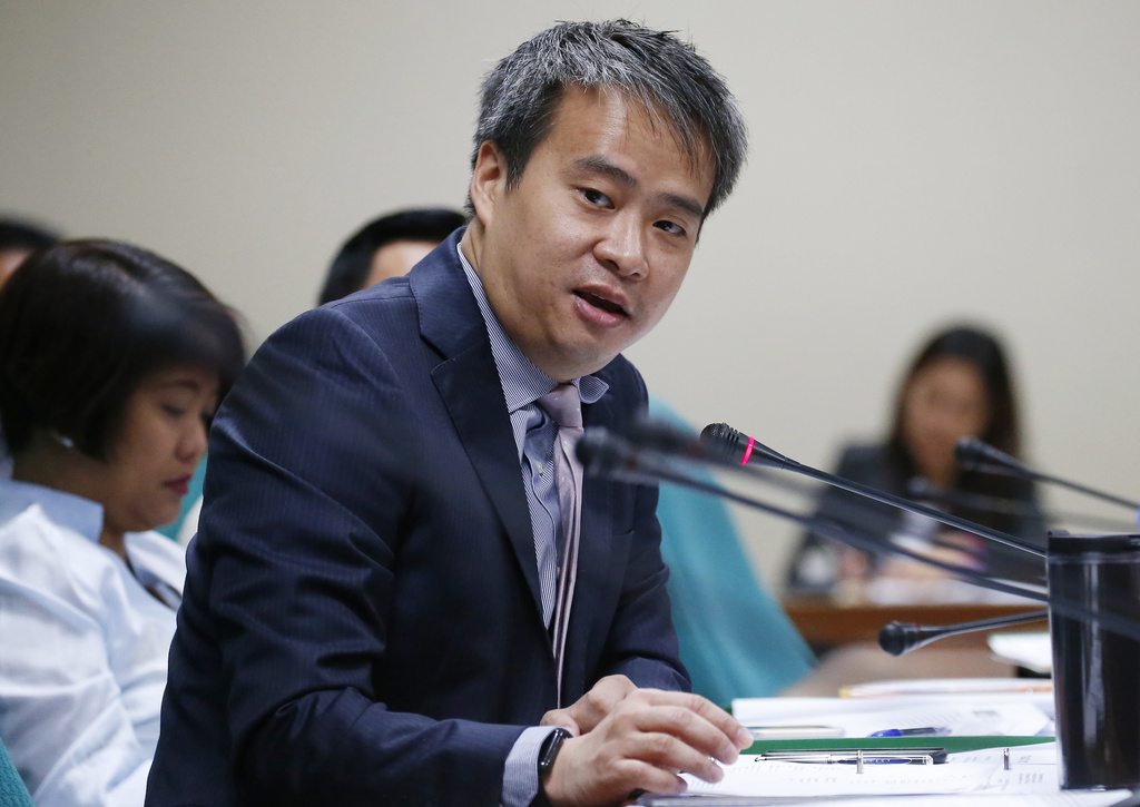 FILE - Senator Joel Villanueva addresses the Senate in Manila, Philippines, Wednesday Feb. 21, 2018. (AP Photo/Bullit Marquez, File)