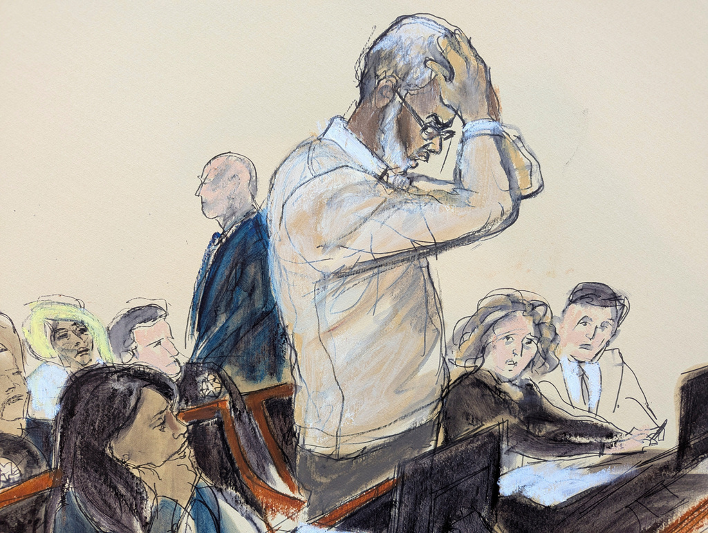 In this courtroom sketch, Sean Diddy Combs reacts as he makes a statement during his sentencing hearing in Manhattan federal court, Friday, Oct. 3, 2025, in New York. (Elizabeth Williams via AP)