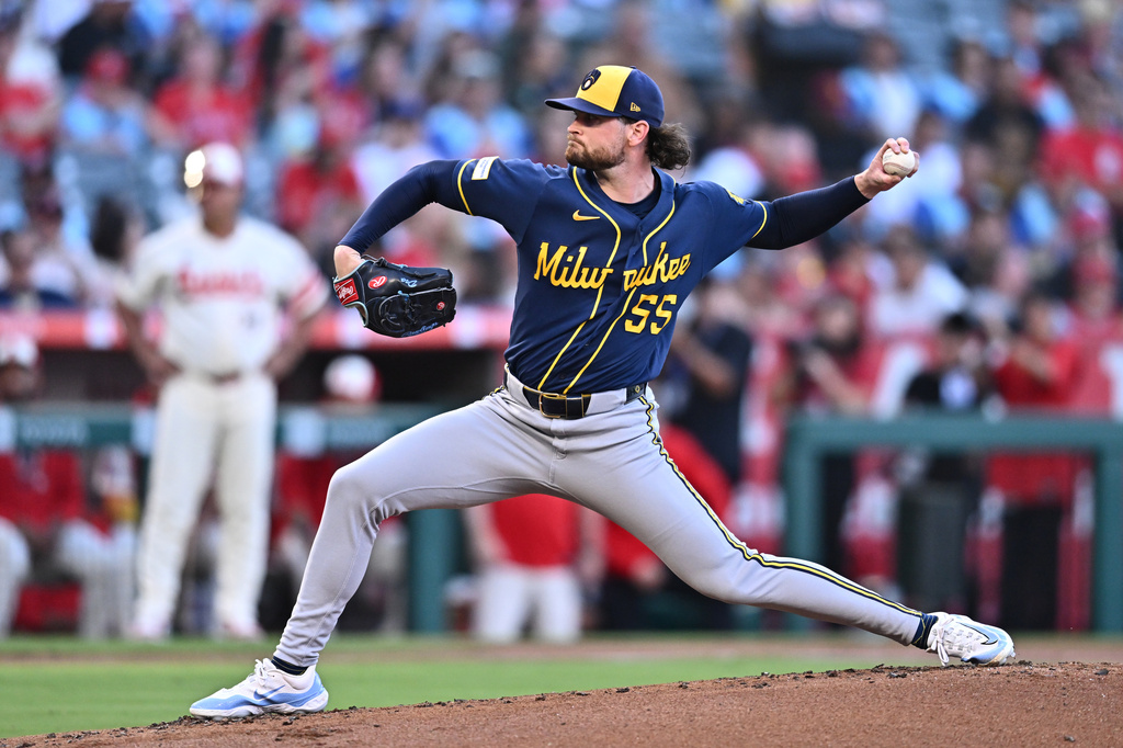 Milwaukee Brewers pitcher Shane Drohan delivers during the first inning of a baseball game against the Los Angeles Angels, Friday, July 31, 2026, in Anaheim, Calif. (AP Photo/William Liang)