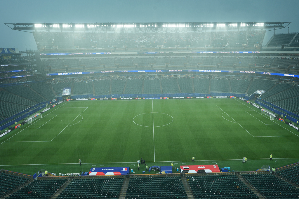 A general view of the stadium during a storm delay in the World Cup Group I soccer match between France and Iraq in Philadelphia, Monday, June 22, 2026. (AP Photo/Matt Rourke)