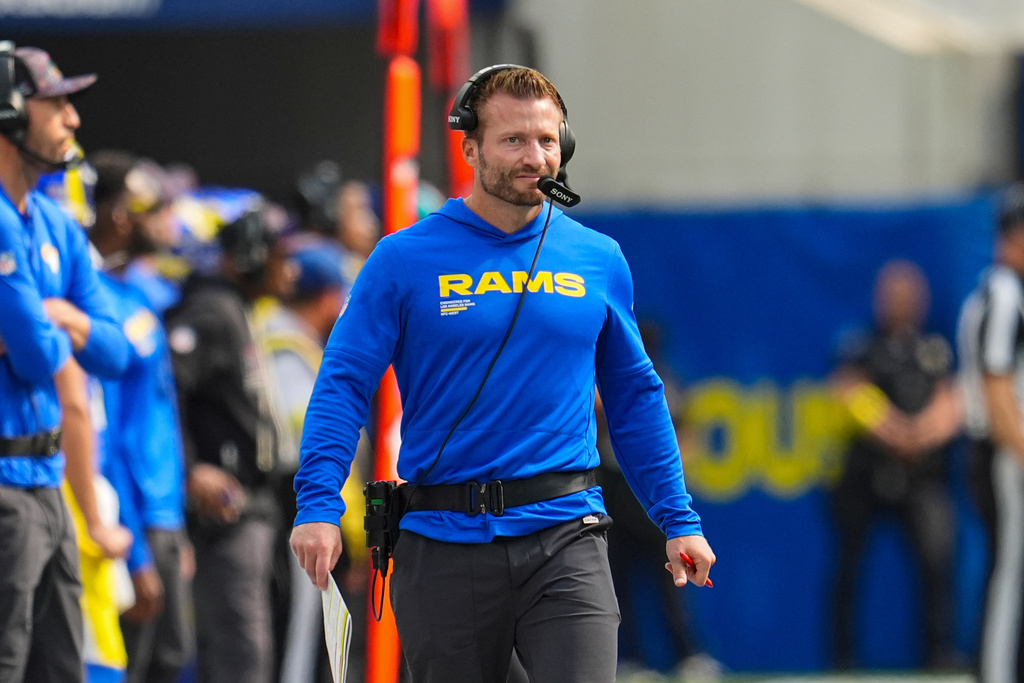 Los Angeles Rams head coach Sean McVay on the sidelines during the second hall of an NFL football game against the Indianapolis Colts Sunday, Sept. 28, 2025, in Inglewood, Calif. (AP Photo/Marcio Jose Sanchez)
