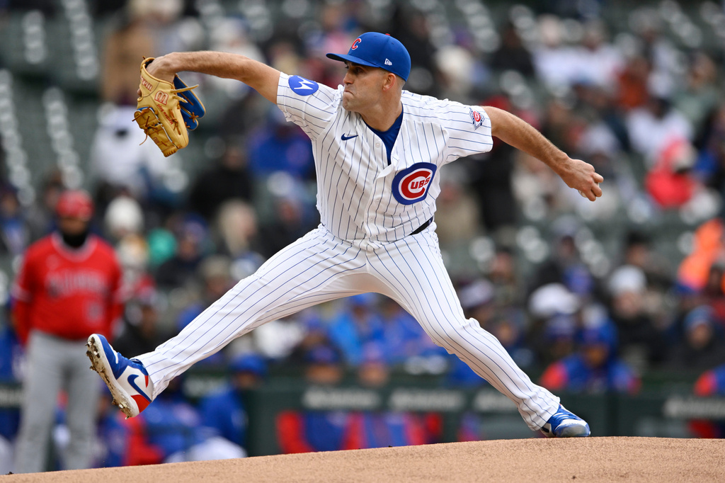 Chicago Cubs starter Matthew Boyd delivers a pitch during a baseball game against the Los Angeles Angels in Chicago, Wednesday, April 1, 2026. (AP Photo/Paul Beaty)